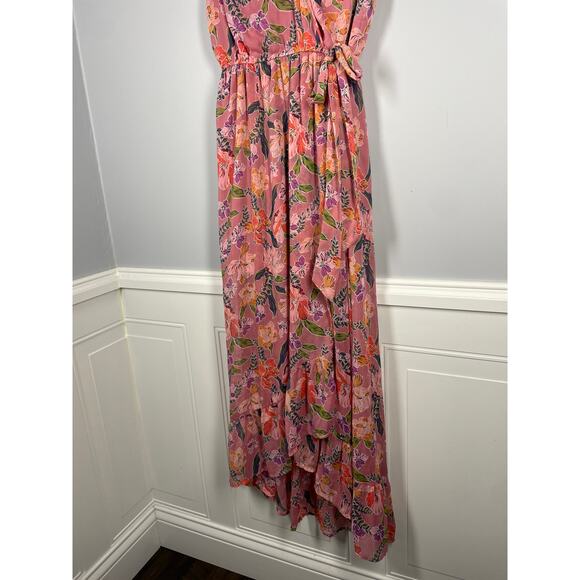 Band of Gypsies, Size Small, Pink Floral Faux Wrap Maxi Dress, Flutter Sleeve - Picture 3 of 7